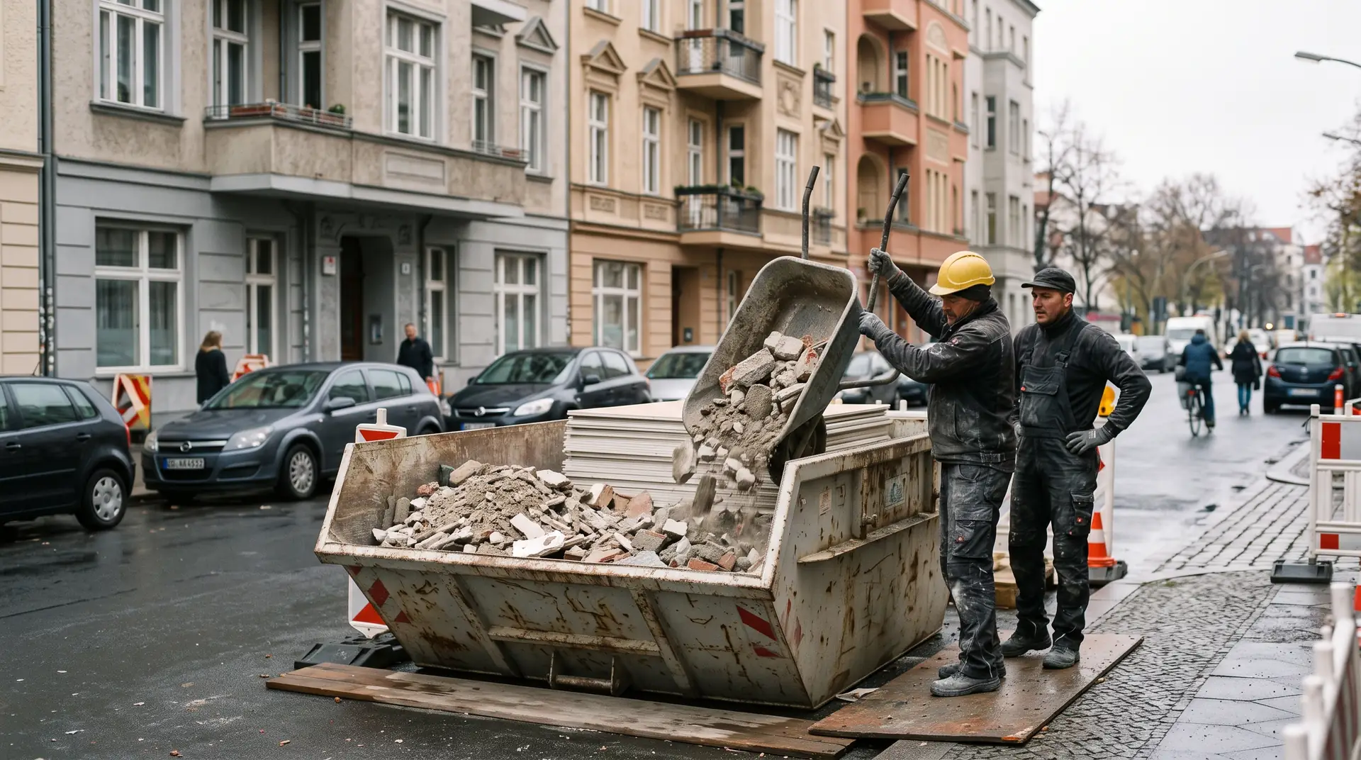 Container vor einem Frankfurter Altbau wird mit sortiertem Bauschutt beladen