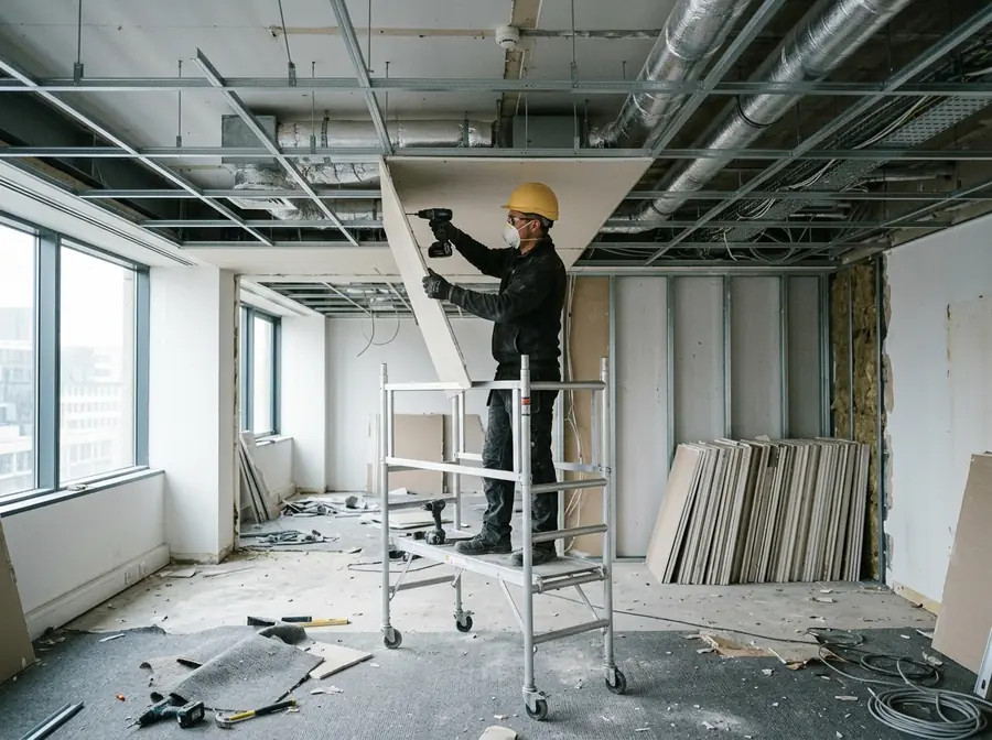 Abgehängte Decke und Trockenbauwände werden in einem Büro zurückgebaut