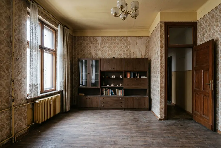 Altbauzimmer im Bestand mit alter Tapete, Einbauschrank und dunklem Bodenbelag