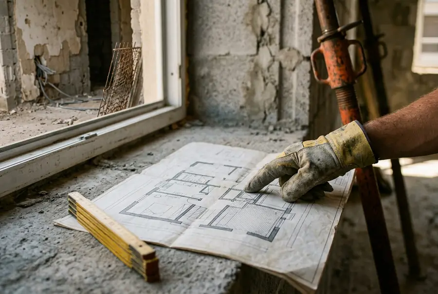 Grundrissplan und Zollstock auf einer Rohbetonfensterbank, dahinter eine Baustütze